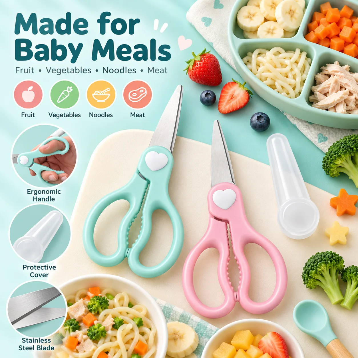 Baby Food Scissors - Baby-Schneideschere, tragbar, aus Edelstahl, zum Schneiden